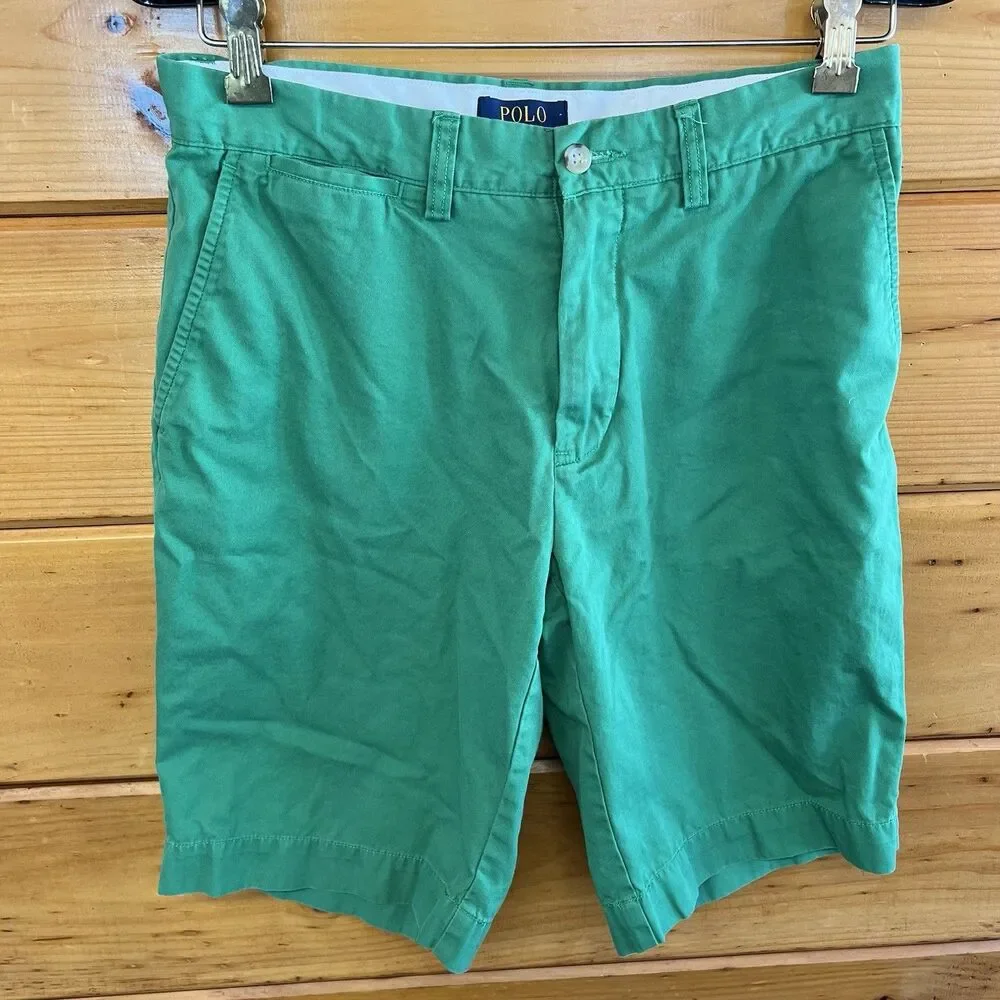 Polo Ralph Lauren Cotton Flat Front Green Shorts Casual Men’s Size 30 W Logo